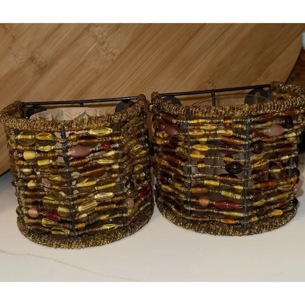 Pottery Barn Madura Votive Candle Wall Sconce Amber Beaded Lot Of 2